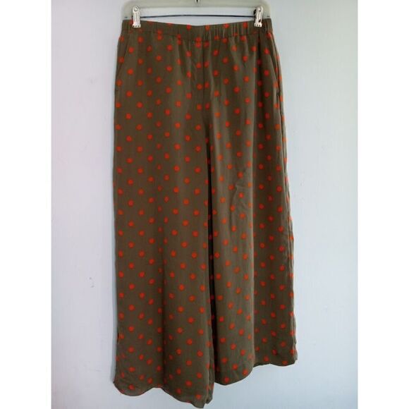 Theory Women Olive Green w/Orange Polka Dots 100% Silk Pant size Small - Picture 9 of 12